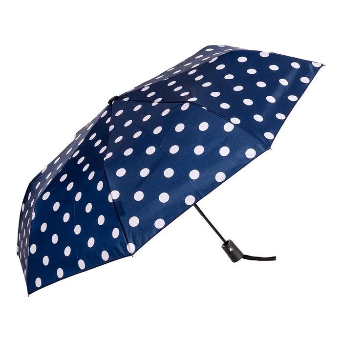 Clifton Compact Auto Open Polka Dots Navy and White Umbrella