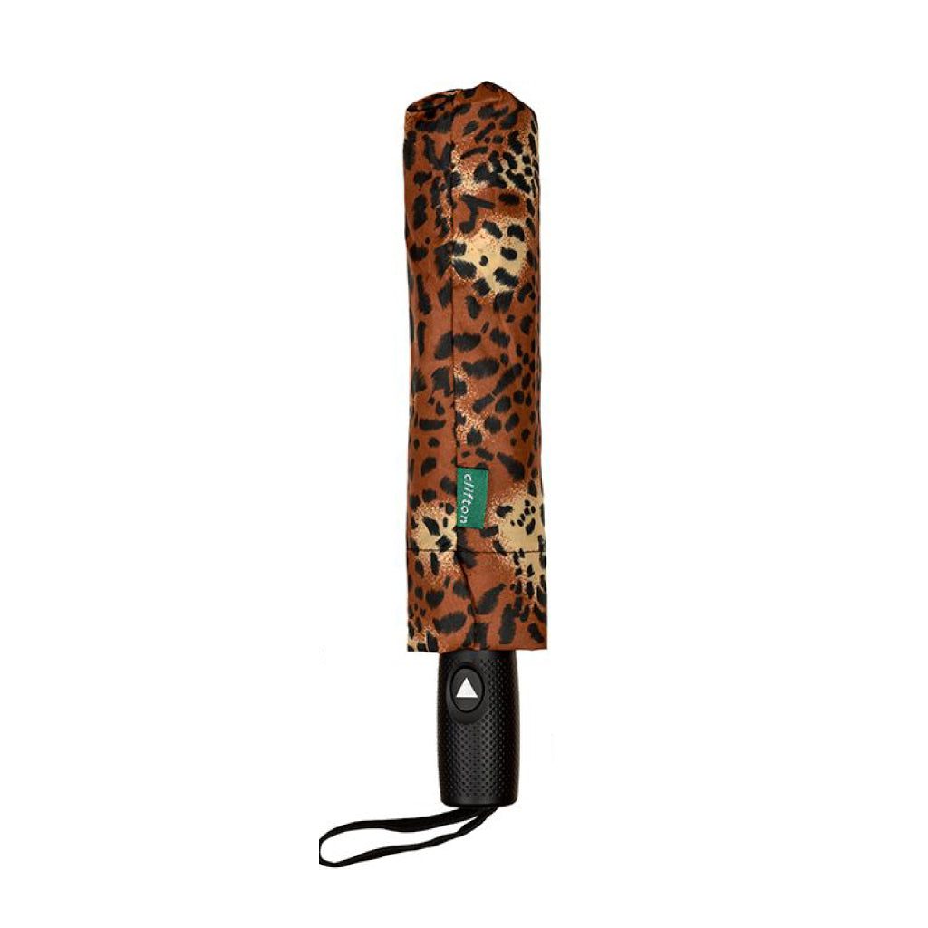 Clifton Auto Open Easy Close 8 Rib Safari Cheetah Brown Umbrella