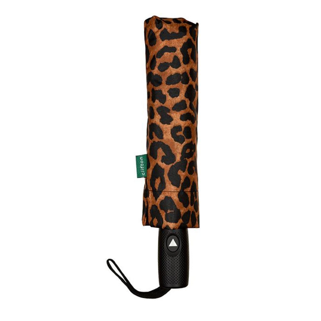 Clifton Auto Open Easy Close 8 Rib Safari Leopard Brown Umbrella