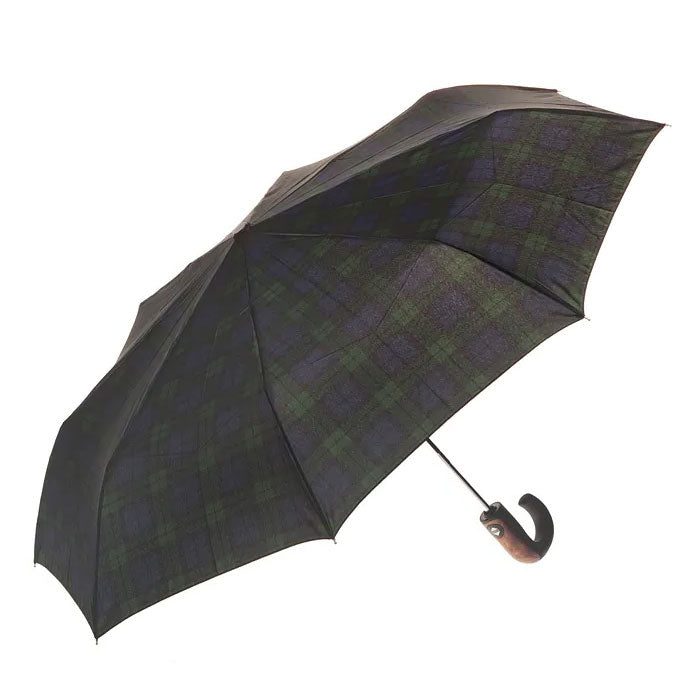 Clifton Folding Tartan Print Wood Trim Hook Handle Black Watch Umbrella