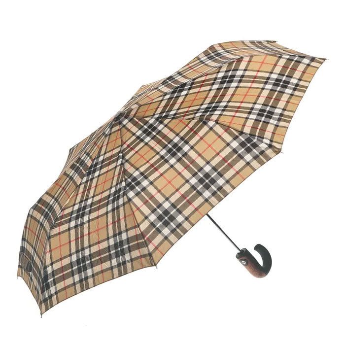 Clifton Folding Tartan Print Wood Trim Hook Handle Camel Thompson Umbrella