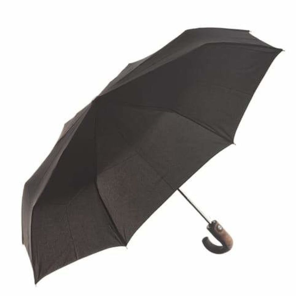 Clifton Auto Open Close Mens Folding Wood Trim Handle Black Umbrella